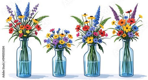 Colorful bouquets of diverse wildflowers in glass vases with clear blue water, showcasing nature's vibrant artistry