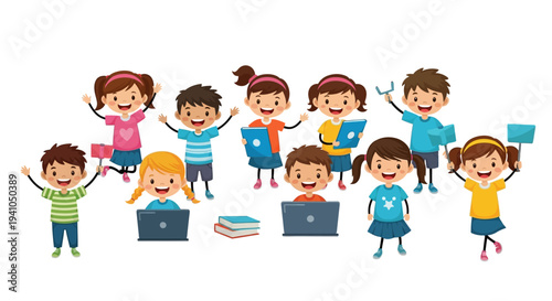 Diverse Group of Happy Children Engaged in Online Learning and Digital Activities with Laptops and Tablets