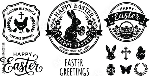 2026 Happy Easter Clean Black Silhouette Vector Bundle Featuring Typographic Logos, Decorative Badges, and Minimalist Holiday Lettering 