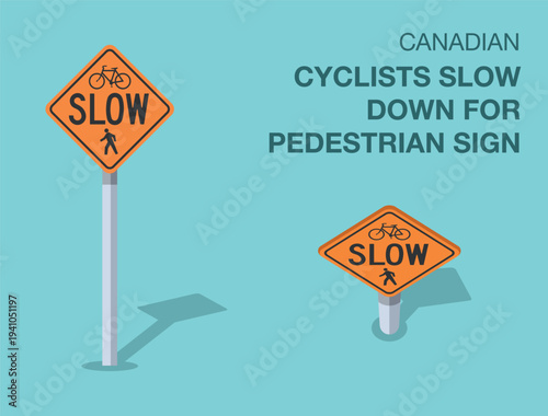 Traffic regulation rules. Isolated canadian "cyclists slow down for pedestrian" road sign. Front and top view. Flat vector illustration template.