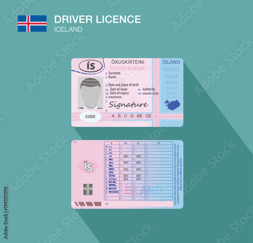 Republic of Iceland. Iceland car driver license identification. Front and back side view. Flat vector illustration template. 