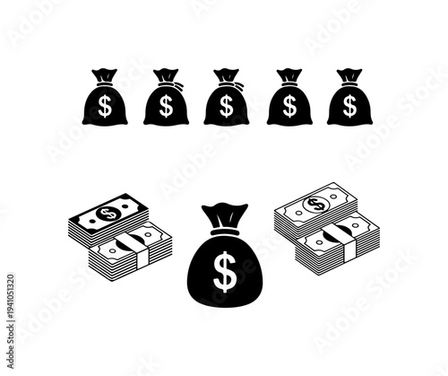 Money Bags and Cash Stacks Vector Icons