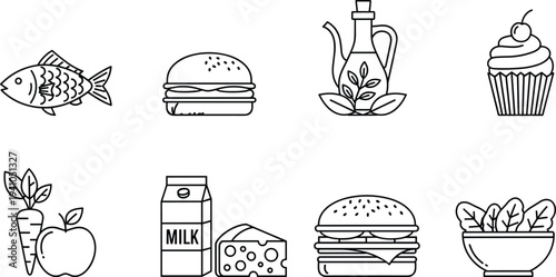 Collection of Hand Drawn Line Art Icons Representing Various Food Items Including Fish Burger Olive Oil Cupcake Vegetables Milk Cheese and Salad Healthy Nutrition