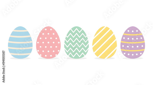 A delightful collection of five vibrantly decorated pastel Easter eggs arranged in a row, perfect for spring holiday celebrations and festive designs