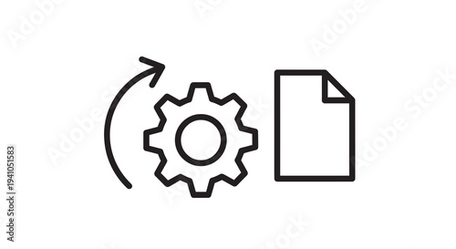 Gear and Document Icon with Circular Arrow, Workflow Process Automation and Data Management Concept, Vector Illustration