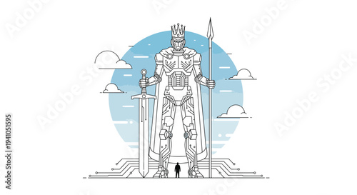Giant Futuristic Robot King with Sword and Spear, Digital Circuit Base, Futuristic Technology Concept, Vector Illustration