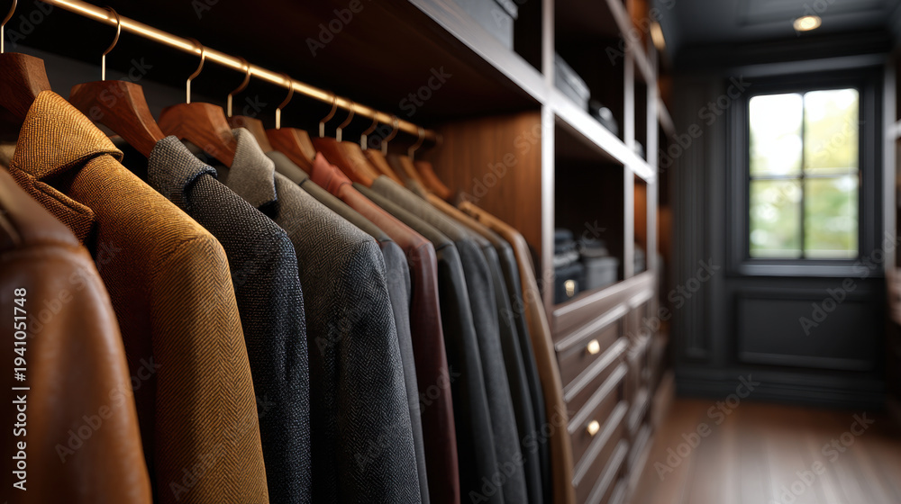 Obraz premium Closet with row of tailored jacket on wooden hanger in warm light, textured fabric, organized storage and natural window light creating elegant cozy atmosphere