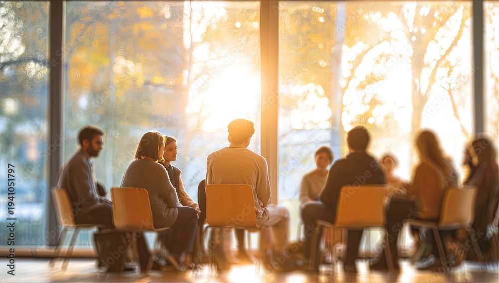 Obraz premium Diverse group in circle, sharing ideas with sunlight glow