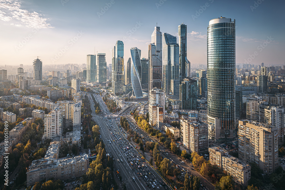Fototapeta premium Aerial panoramic cityscape of modern business district with skyscraper towers and busy highway surrounded by residential buildings under clear sky during daytime