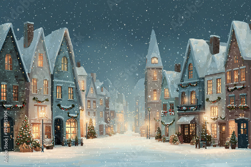 Winter Christmas town street with snow covered houses and festive decorations glowing warmly in snowy evening, creating cozy and magical holiday atmosphere