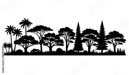 Collection of diverse tree silhouettes from world ecosystems tropical forest desert and mountain trees vector