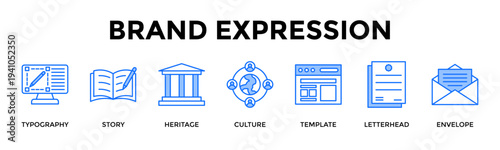 Brand Expression Icon Set Collection Pack Banner Web Vector Illustration  Concept Containing Express Brand Story Through Consistent Visual Communication