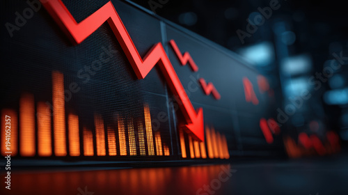 Wallpaper Mural Falling market trend red arrow decreasing stock chart with glowing orange bar graph showing financial loss and negative growth Torontodigital.ca