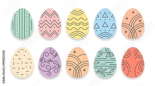 Charming array of pastel Easter eggs adorned with unique line art patterns, celebrating spring and holiday joy