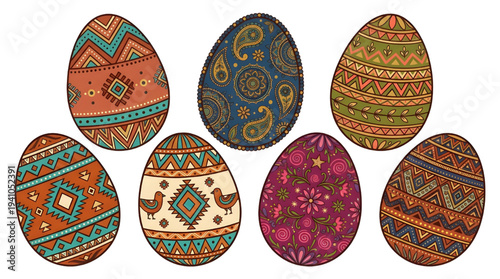 Vibrant collection of decorative Easter eggs showcasing diverse traditional patterns and spring colors, perfect for holiday themes