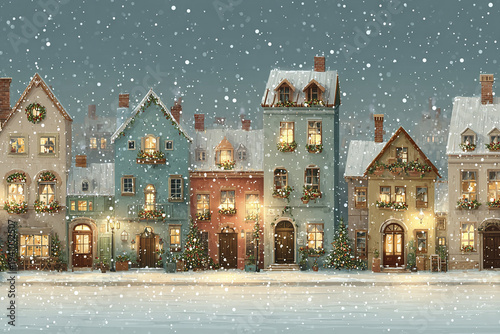 Cozy winter town street with colorful houses decorated with Christmas wreaths and lights during snowfall, creating festive and warm holiday atmosphere