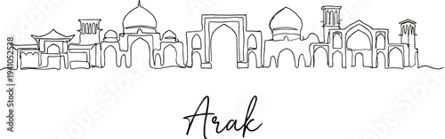 Arak city skyline continuous line drawing with traditional Iranian architecture vector illustration