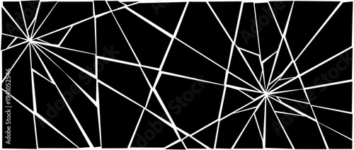 Damaged shattered glass effect backdrop. Black grunge broken background. Multiple cracked lines explosion pattern. Fractured triangle fragments, pieces, shatters wallpaper. Vector debris illustration