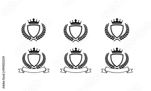 Six Medieval Crest Shields with Crowns and Laurels