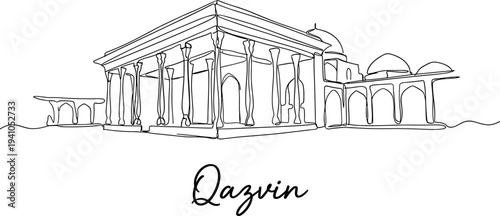 Continuous line drawing of Chehel Sotoun pavilion in Qazvin Iran architecture vector illustration