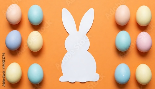 pastel easter eggs, white paper rabbit on orange background. Symbolic for Easter celebration, holiday spirit, cheerful season, festive, created with generative ai