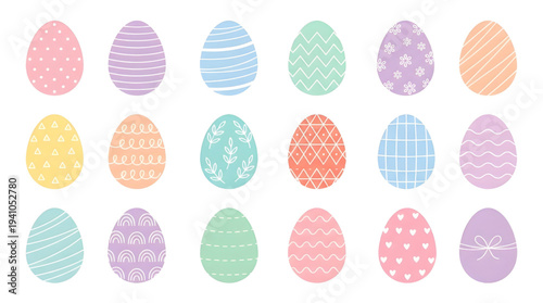 Vibrant collection of decorative Easter eggs with various patterns and pastel colors, perfect for holiday greetings and spring celebrations
