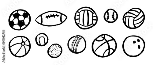 Crayon hand drawn sport ball collection. Black pastel doodled football, baseball, basketball, volleyball, soccer balls set. Kid pencil drawing pack for sticker, collage, label. Vector outline sketches
