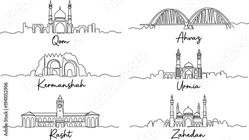 Iranian city skylines including Qom and Ahvaz in minimalist line art vector illustration