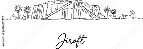 Jiroft ancient city archaeological site with ziggurat and palm trees continuous line vector