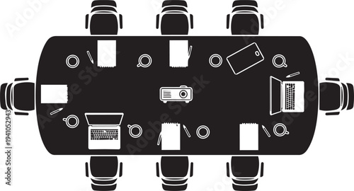 A black and white drawing of a conference table with chairs isolated on transparent background, Vector