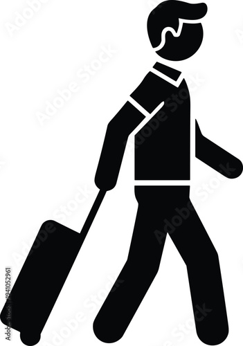 Black and white silhouette illustration of a person walking with wheeled suitcase, symbolizing travel, transit, commuting, airport journey, tourism, and modern transportation services.