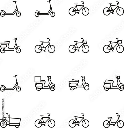 Black and white grid illustration of scooters, bicycles, and mopeds in various styles, symbolizing urban transport, delivery vehicles, and modern personal mobility solutions.