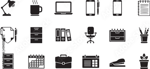 Collection of office supplies and devices icons isolated on transparent background, Vector