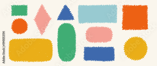 Colored hand drawn crayon boxes and stamps collection. Doodled rough edge borders or frames set. Playful sketched geometric shape pack for sticker, logo, collage, postcard, patch, label, icon. Vector