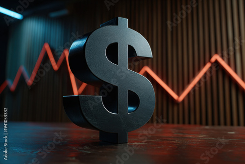 Wallpaper Mural Black metallic dollar sign sculpture in front of red zigzag financial graph on dark wooden table, moody lighting suggests market fluctuation and economic tension Torontodigital.ca