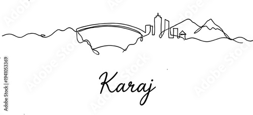 Minimalist Karaj city skyline continuous line drawing with mountains isolated vector illustration