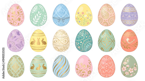 A charming collection of intricately decorated pastel Easter eggs, featuring golden patterns and spring motifs