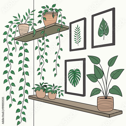 Modern Indoor Plant Wall Decor with Wooden Shelves
