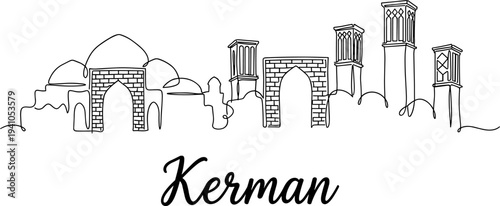 One line drawing of Kerman city skyline with traditional Iranian architecture vector illustration