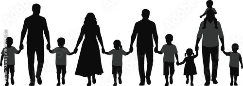 "Silhouette of diverse family and children holding hands together in unity, symbolizing community support, connection, love, and generational bond in harmony"