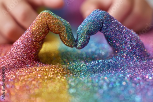 Colorful glitter forms a heart shape with hands