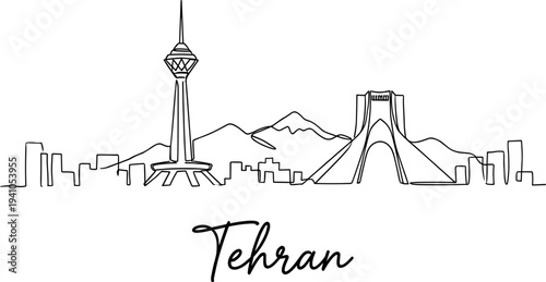 Tehran skyline with Milad and Azadi towers minimalist one-line vector illustration