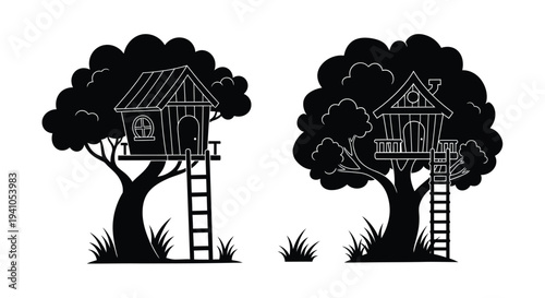 Two treehouses nestled within lush dark tree canopies