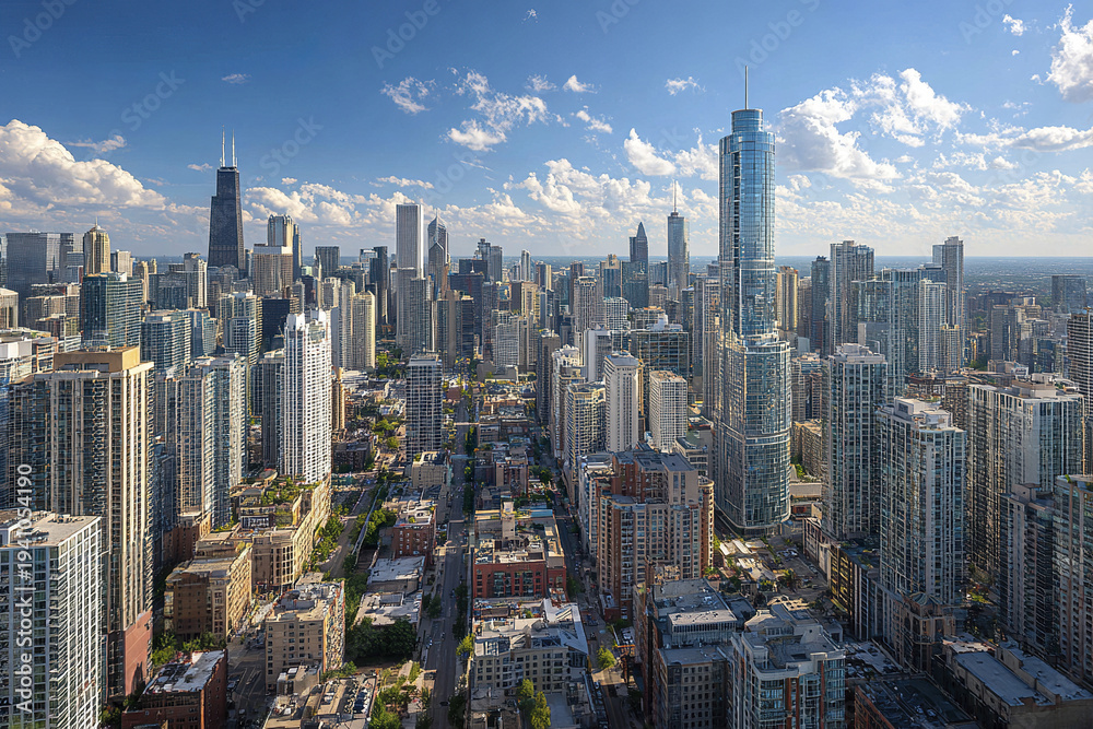 Fototapeta premium Modern downtown city skyline with tall skyscraper buildings under bright blue sky with scattered clouds, showcasing urban architecture and vibrant city life in daylight