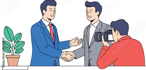 Two businessmen in suits shaking hands with a photographer taking a picture, symbolizing partnership, agreement, and professional success, rendered in a modern flat graphic style.
