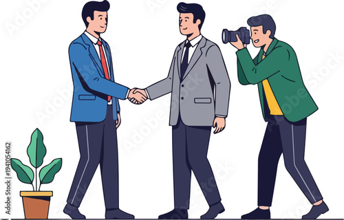 Two businessmen in suits shake hands cordially as a photographer captures the moment with a professional camera, showcasing a partnership agreement with a modern flat design style.