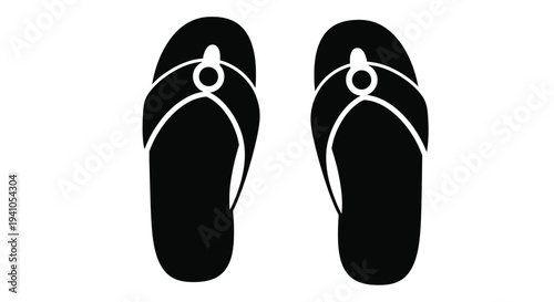 A pair of black flip flops displayed in a simple graphic illustration