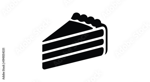 A simple black and white illustration of a single slice of layered cake