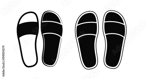 A pair of black and white illustrated flip flops against a white background