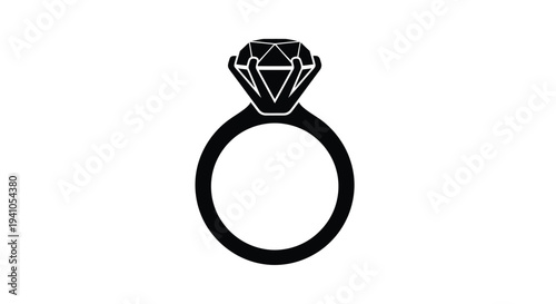 A black and white illustration of a diamond engagement ring